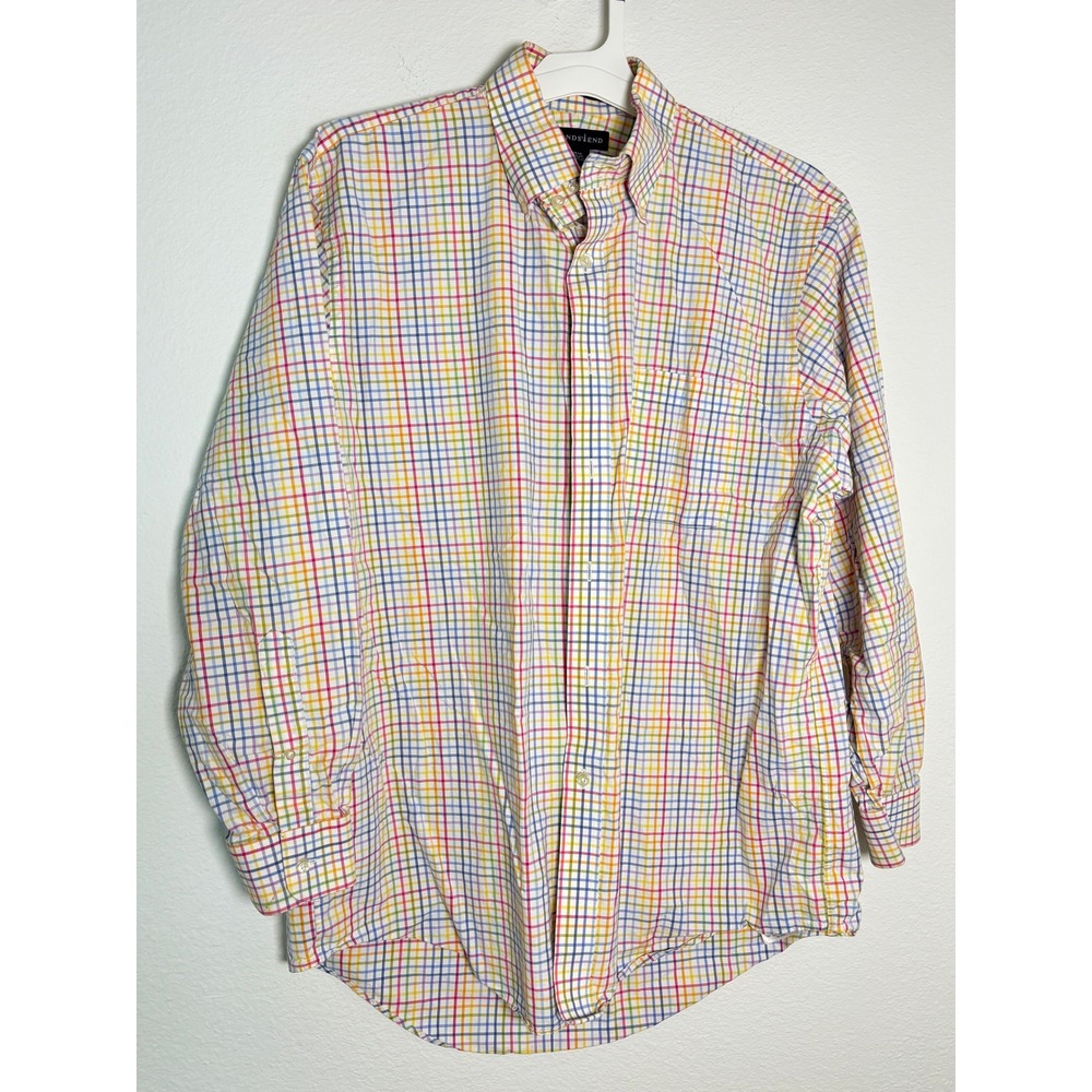 Lands End Mens 16.5 32-33 Rainbow Tattersall Check Button Down Shirt 2-Ply Yarn‎